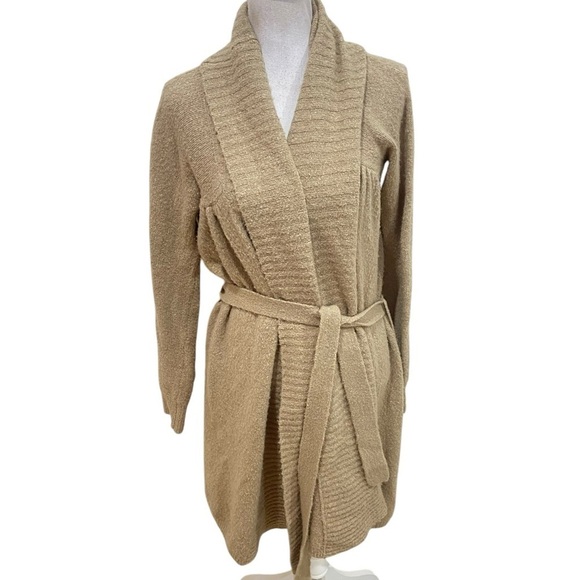 Bcbg Maxazria tan duster nubby knit cardigan tie belt ribbed collar size medium - Picture 1 of 8